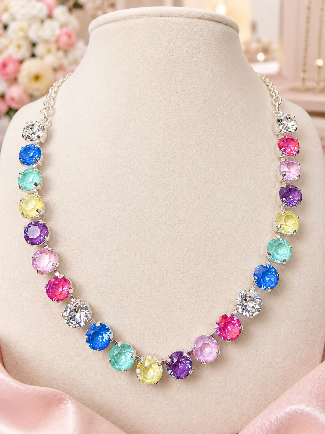 Posh Pastel Sparkle Candy Rhinestone Necklace in Gold or Silver