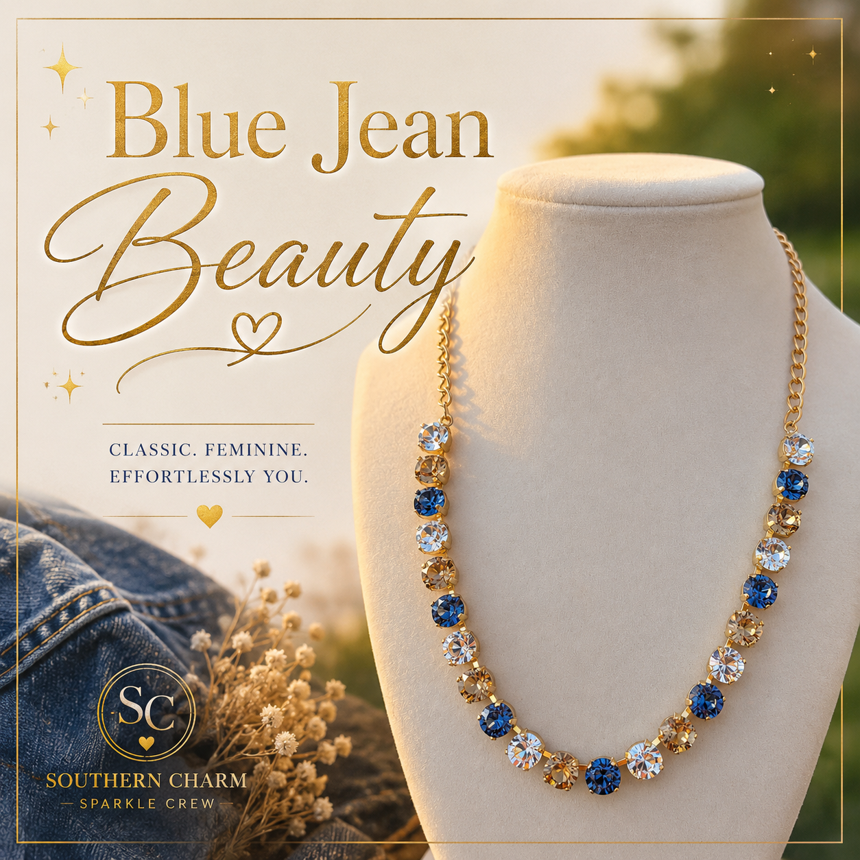 Blue Jean Beauty Necklace Available in Gold or Silver