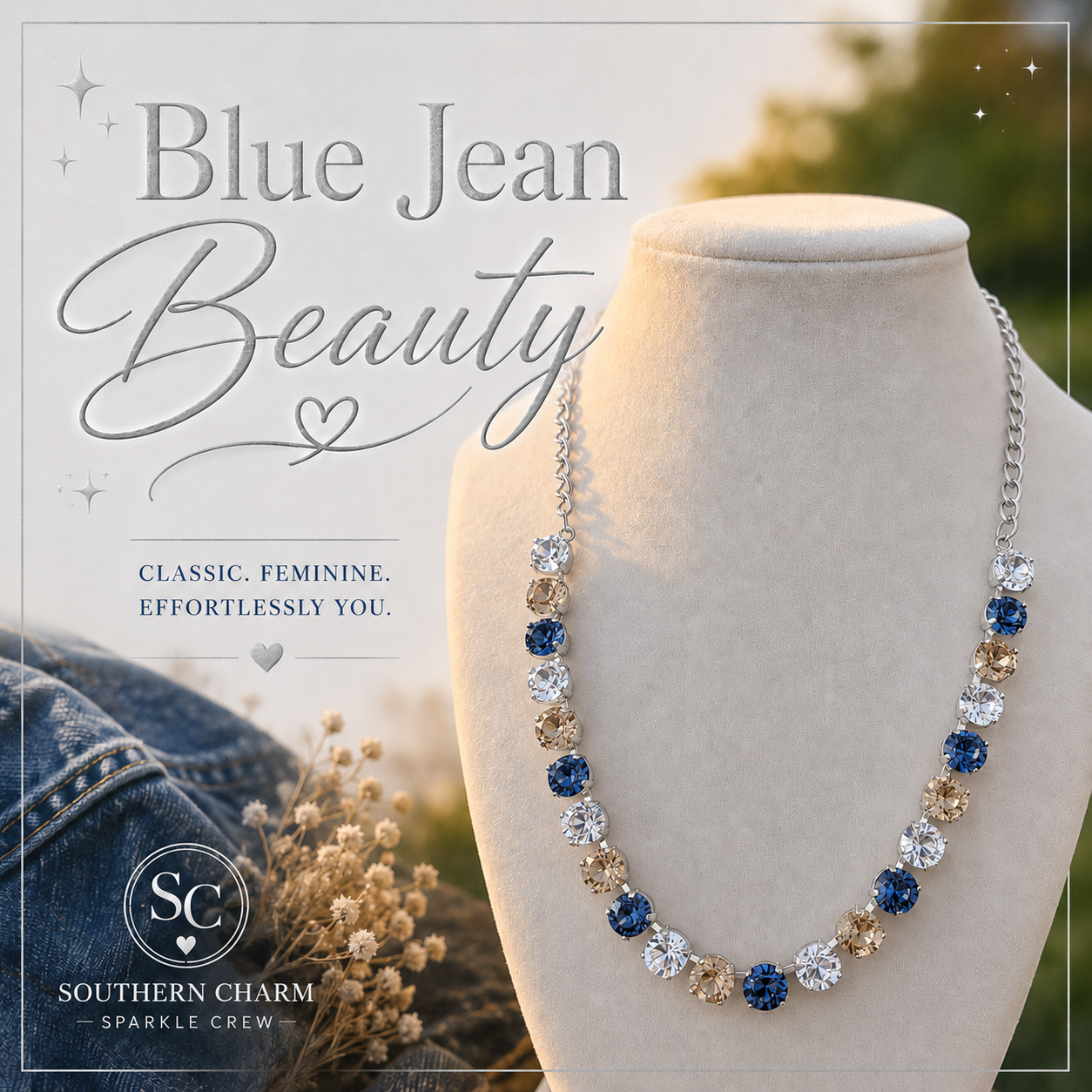 Blue Jean Beauty Necklace Available in Gold or Silver